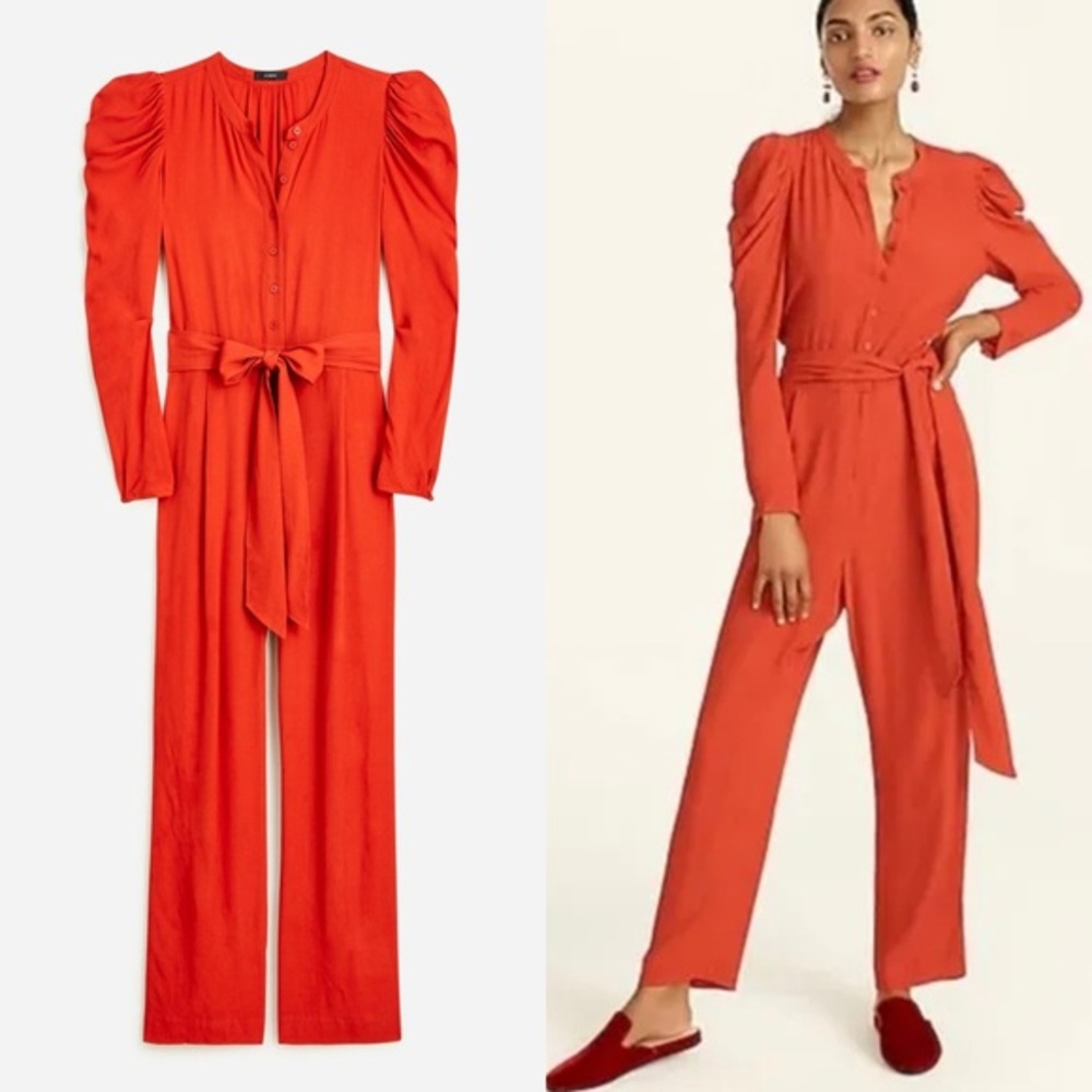 J. Crew Holiday Drapey‎ Puff-Sleeve Jumpsuit Spiced Cayenne Red
